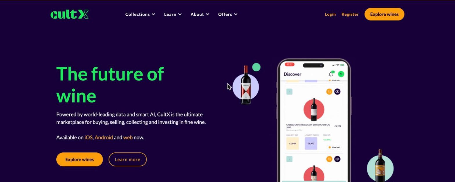 CultX fine wine trading platform - marketplace app with live bids, offers and market performance charts